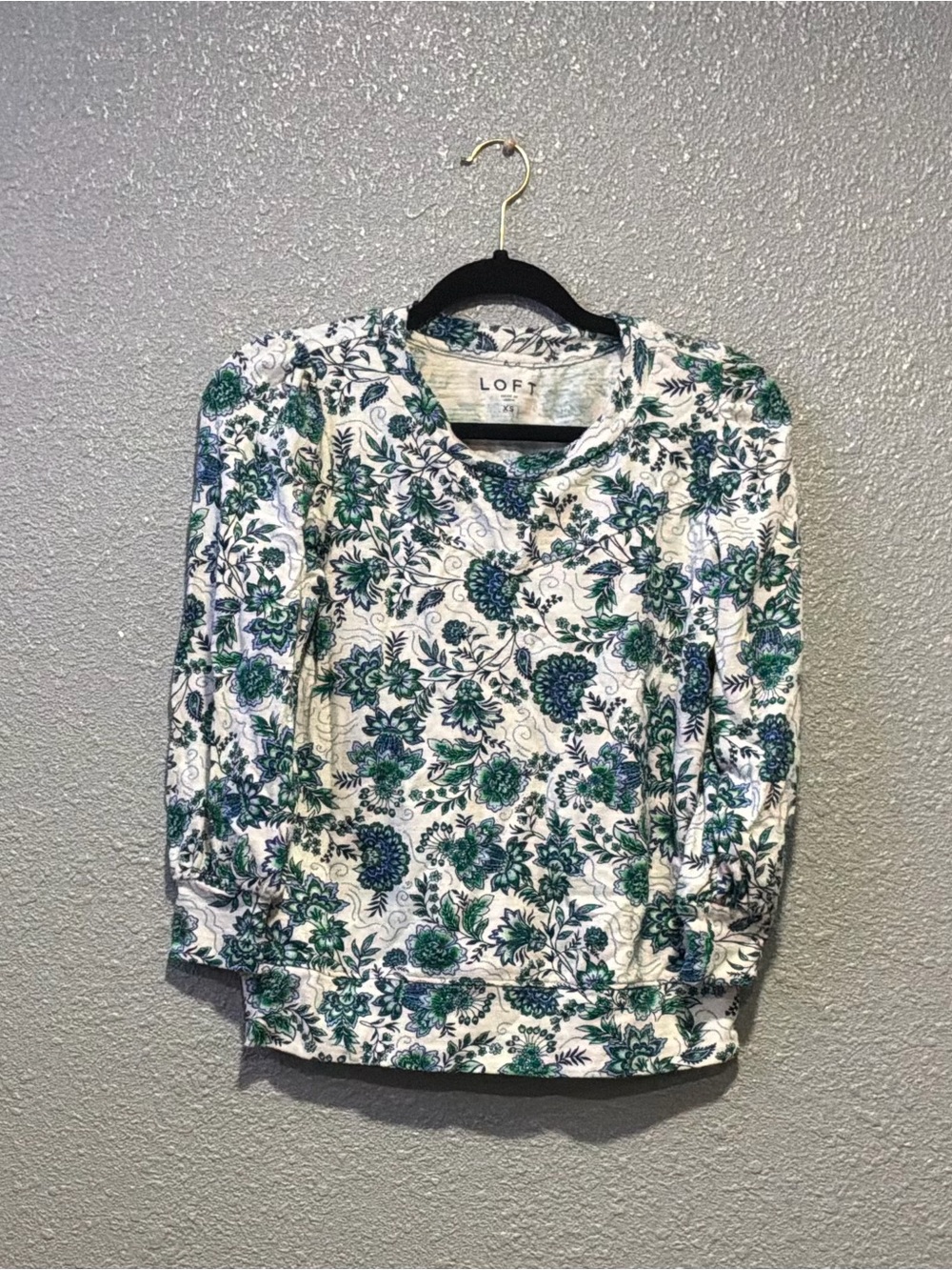 LOFT White Floral V-Neck Sweatshirt with Green and Teal Print